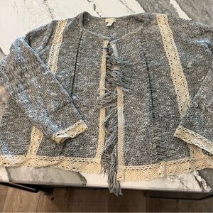 Chico's Boho Knit Open Sweater with crochet Trim and Fringe